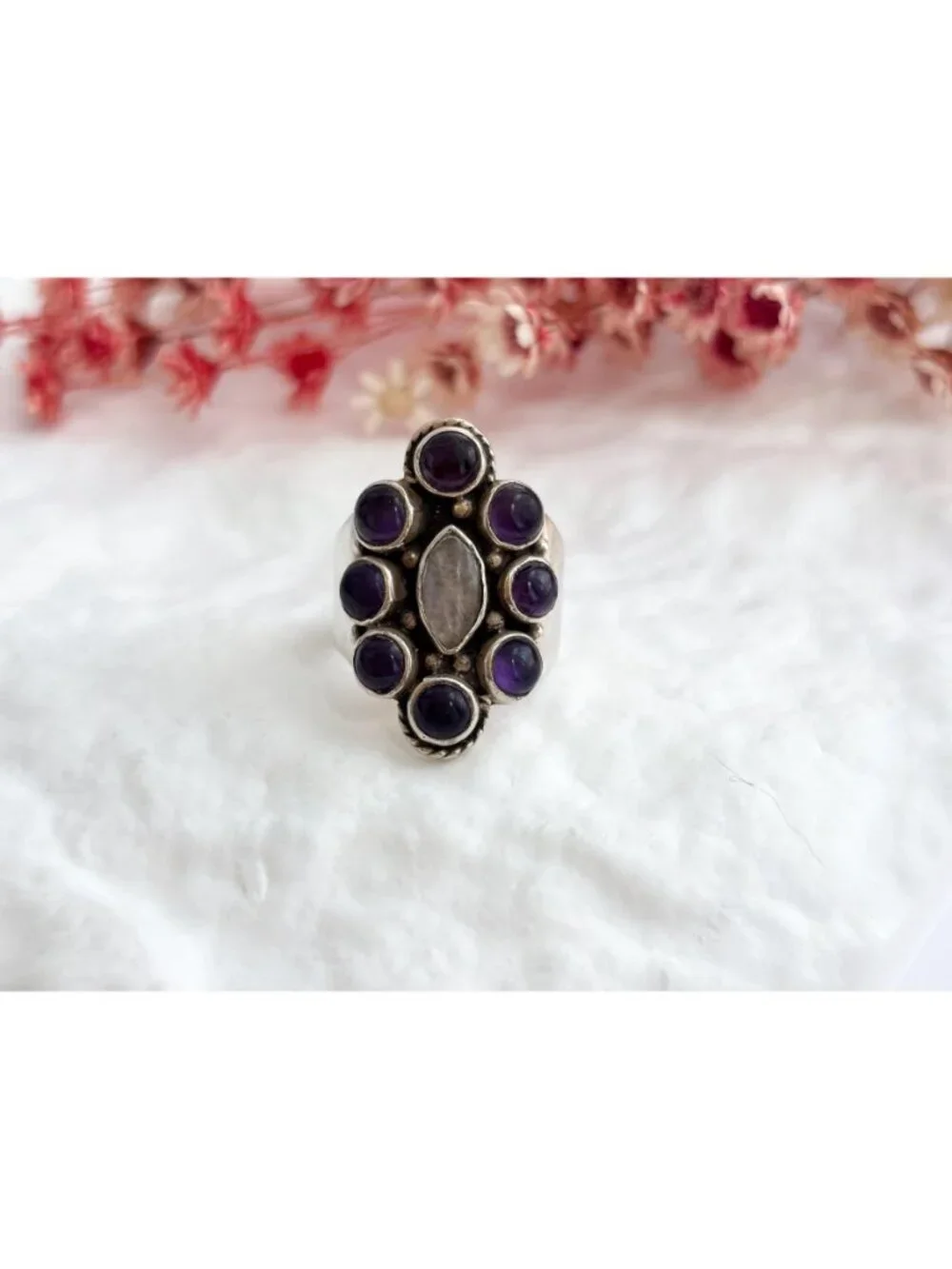Amethyst Cabochon & Moonstone Art Deco Sterling Silver 925 Vintage Ring sz 6.75
